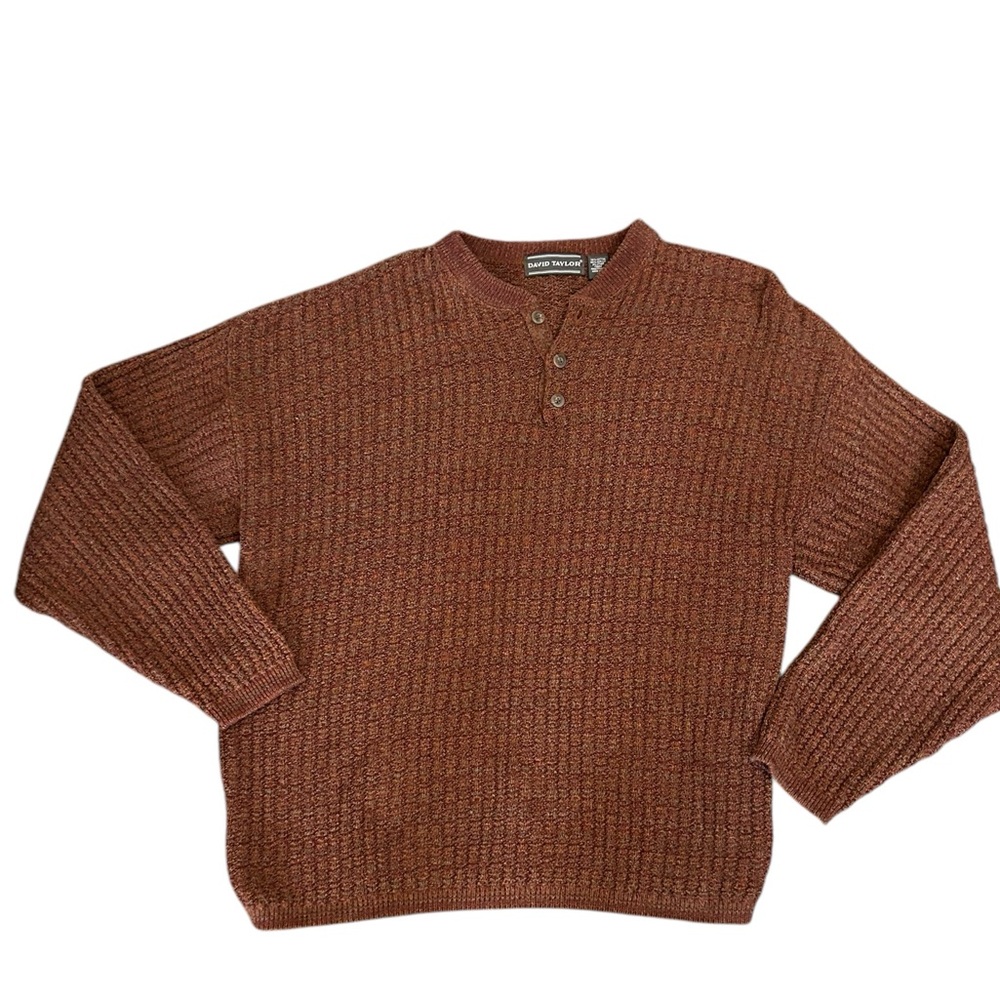 David Taylor Vintage90s XL men's chunky knit Henley sweater orange/maroon/green
